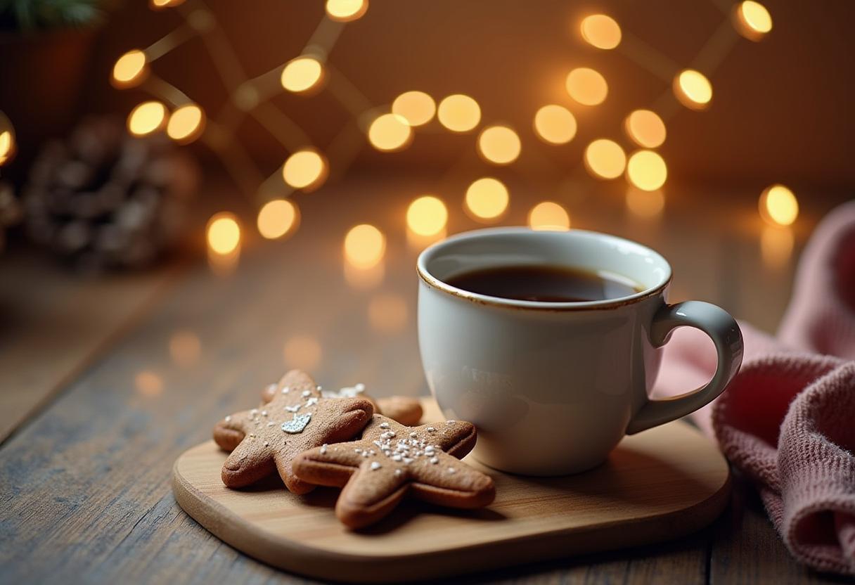 Warm coffee and gingerbread cookies on a cozy table Warm coffee and gingerbread cookies on a cozy table