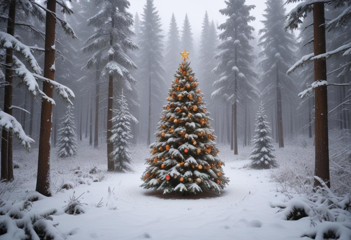 Snow-covered christmas tree in a serene forest setting Snow-covered christmas tree in a serene forest setting