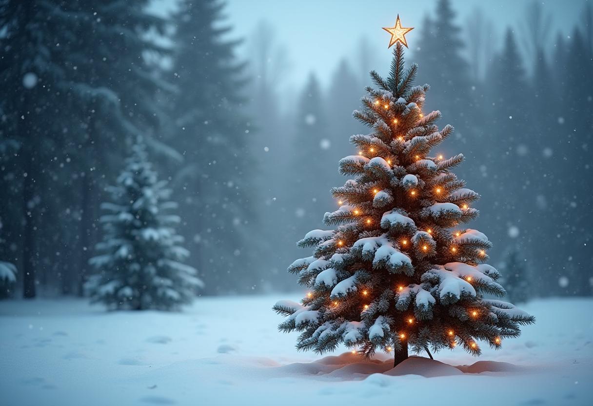 Beautifully decorated christmas tree in snowy landscape Beautifully decorated christmas tree in snowy landscape