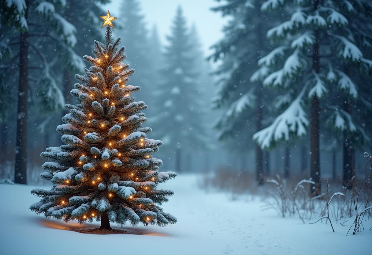 Snow-covered christmas tree illuminated in winter woods Snow-covered christmas tree illuminated in winter woods