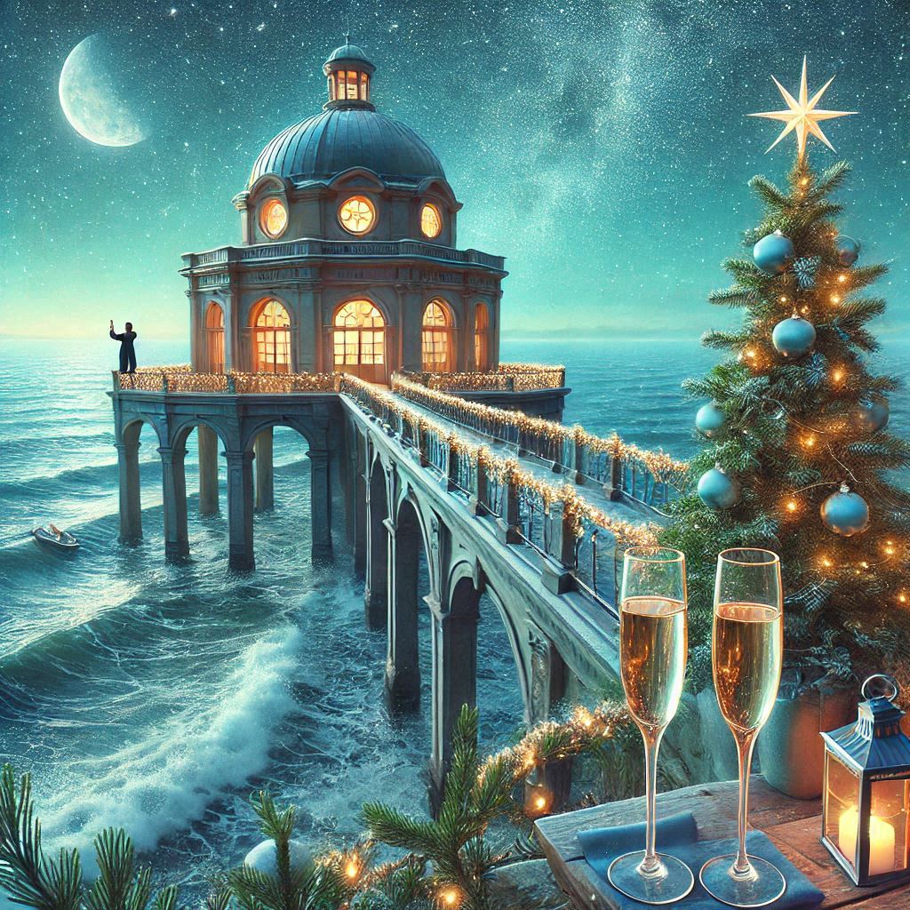 Festive celebration by the ocean at night with decorations Festive celebration by the ocean at night with decorations