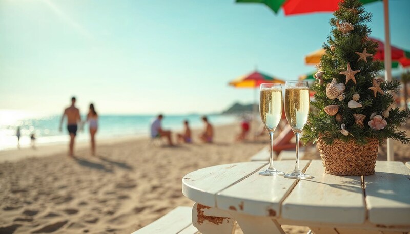 Celebration at beach with festive decor and sparkling drinks Celebration at beach with festive decor and sparkling drinks
