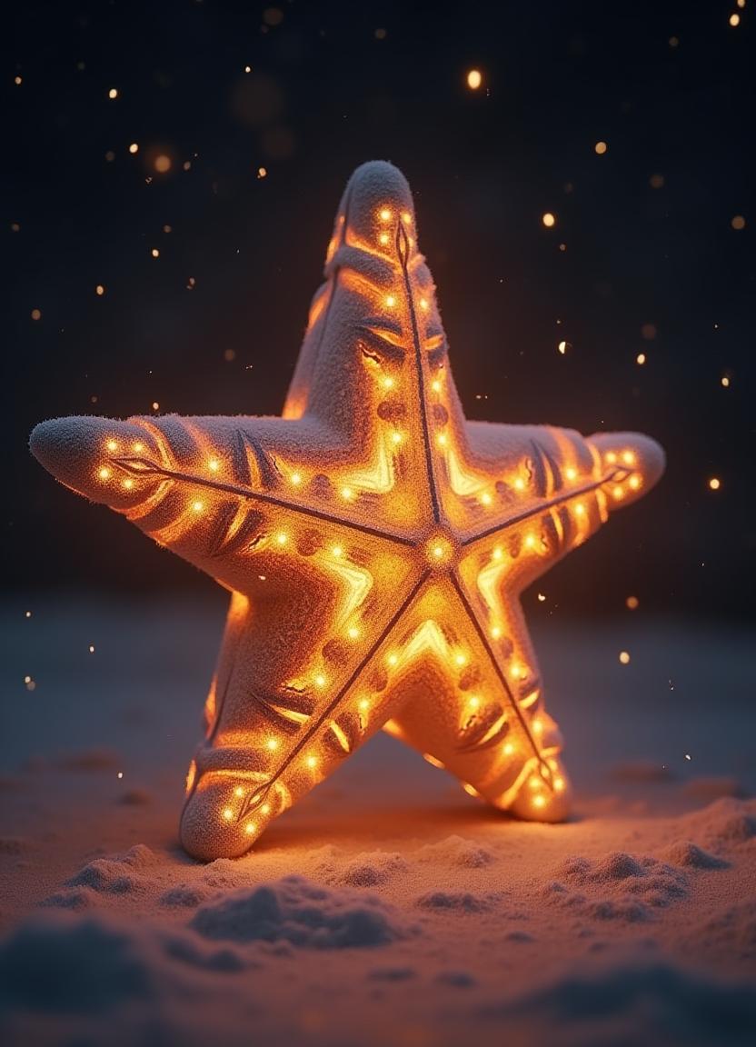 Star-shaped lantern glowing softly on a snowy night Star-shaped lantern glowing softly on a snowy night