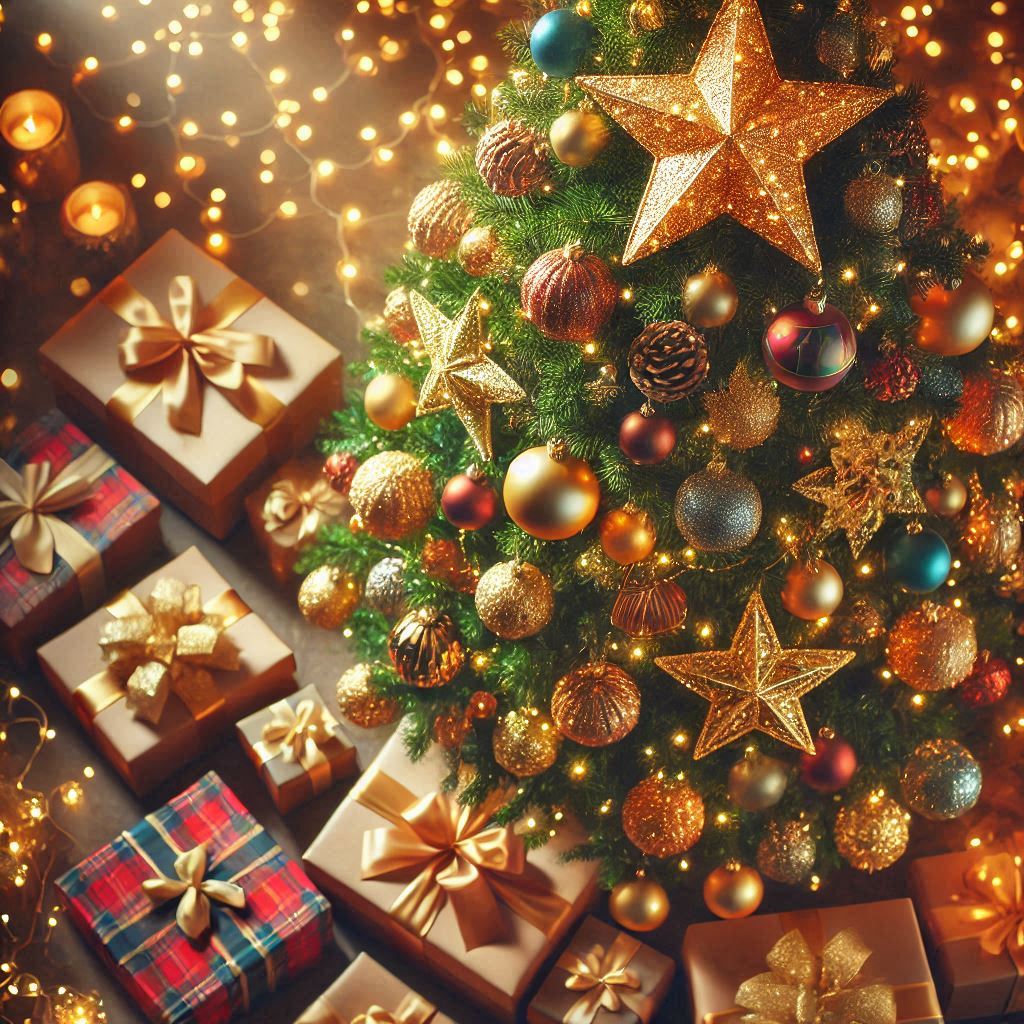 Christmas tree adorned with golden decorations and gifts Christmas tree adorned with golden decorations and gifts