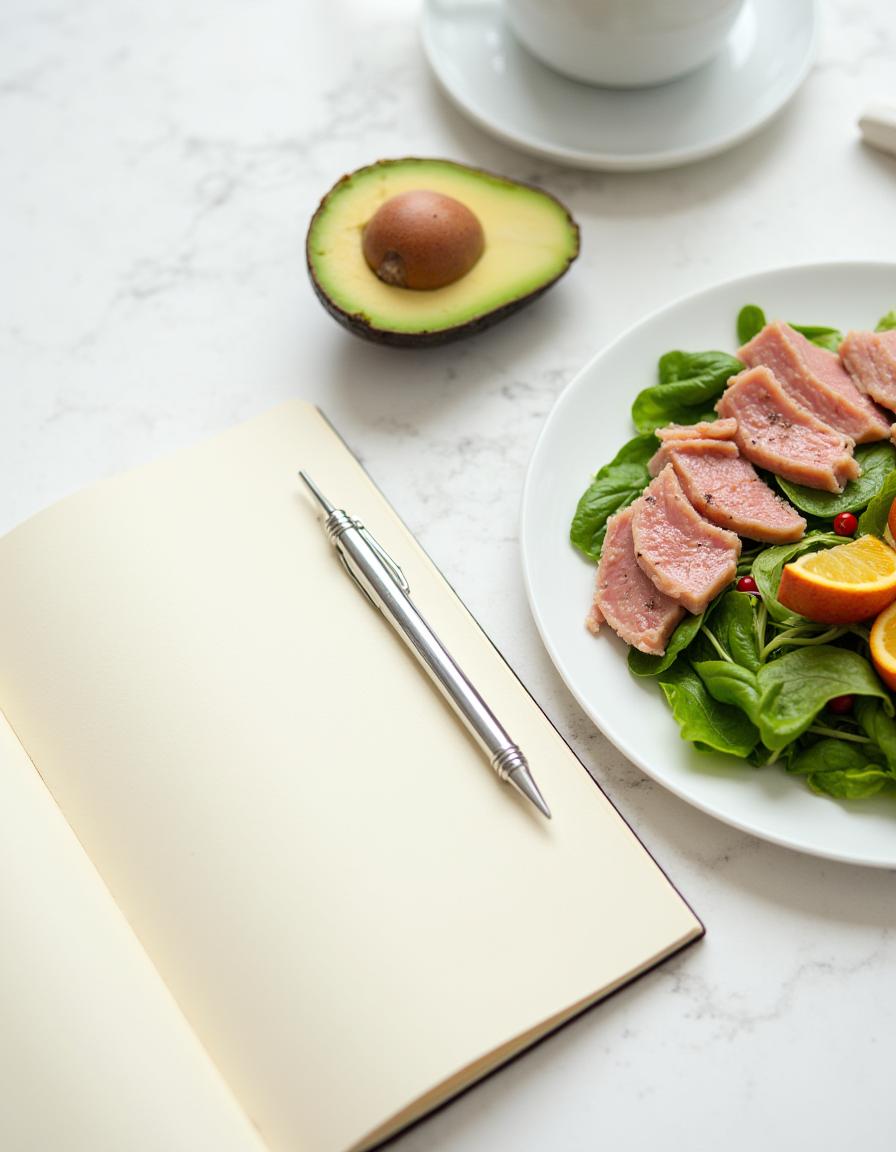 Healthy lunch with open notebook and fresh ingredients Healthy lunch with open notebook and fresh ingredients