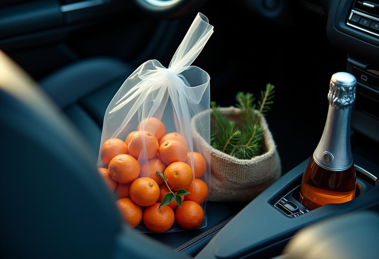 Fresh oranges and herbs in a car's cup holder Fresh oranges and herbs in a car's cup holder