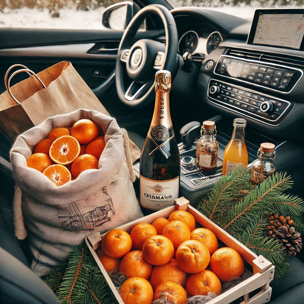 Fresh oranges and champagne inside a winter car Fresh oranges and champagne inside a winter car