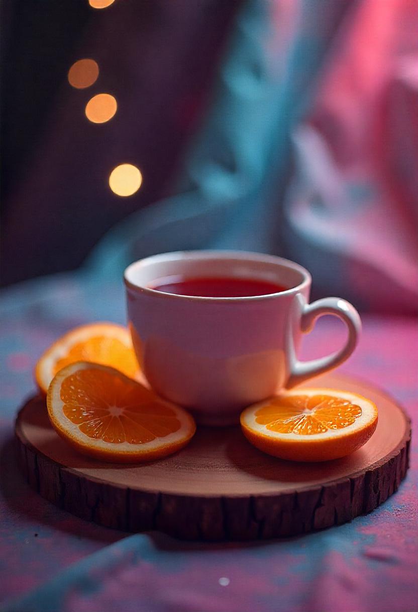 Warm tea and vibrant oranges on wooden surface Warm tea and vibrant oranges on wooden surface