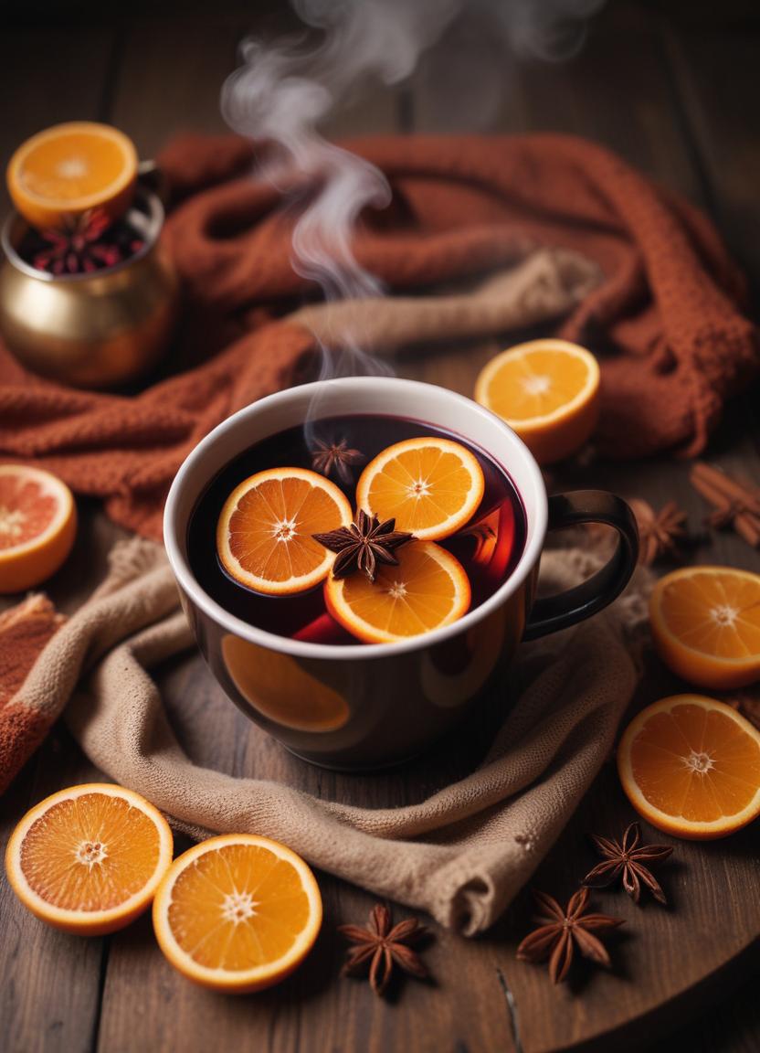 Warm spiced drink with orange slices and star anise on wood Warm spiced drink with orange slices and star anise on wood