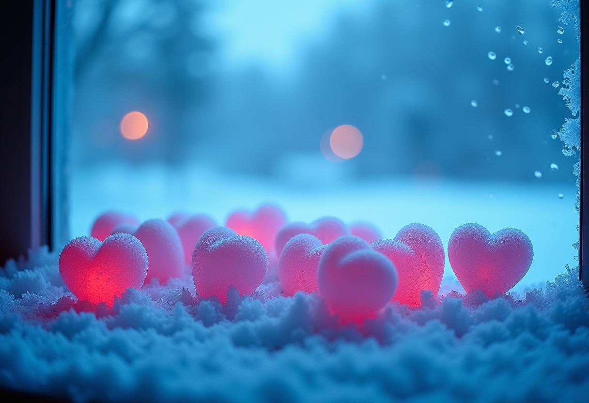 Heart-shaped lights glow in a snowy window setting Heart-shaped lights glow in a snowy window setting