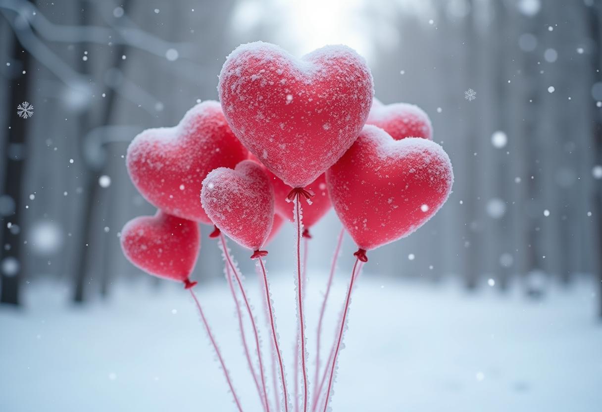 Heart-shaped balloons in snowy winter landscape Heart-shaped balloons in snowy winter landscape