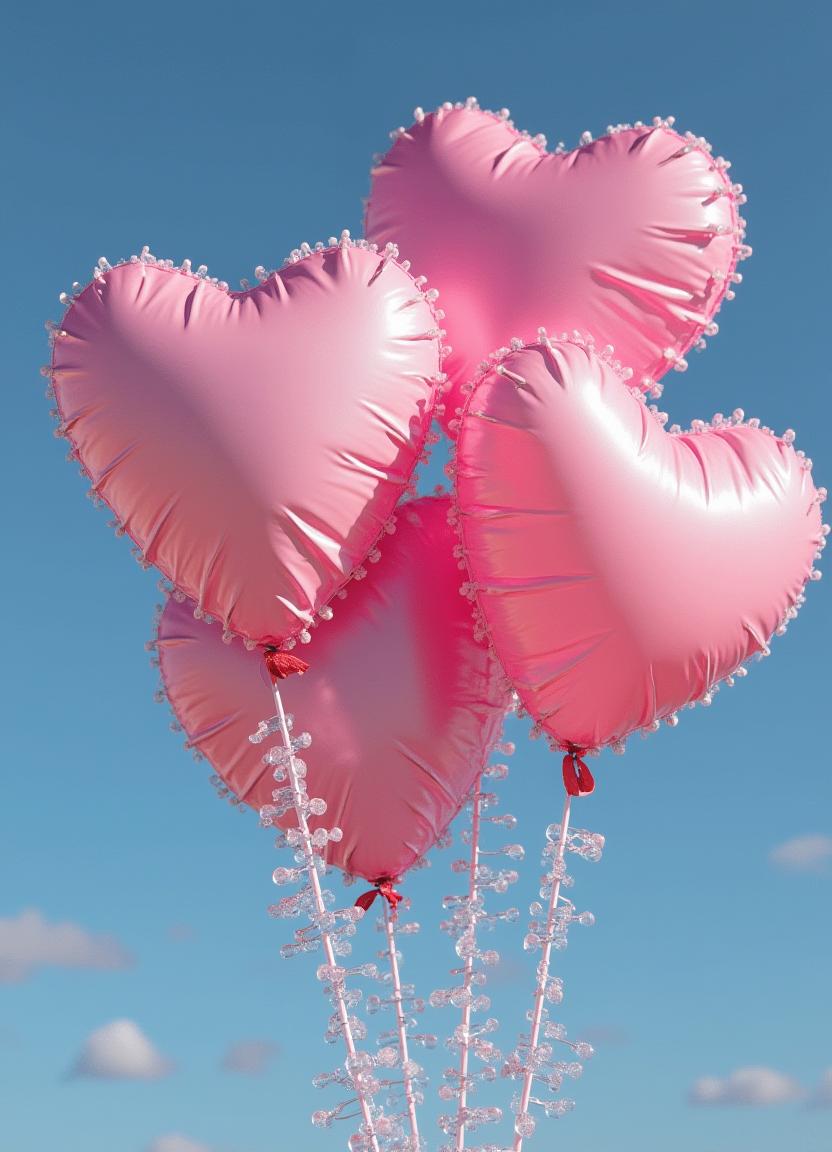 Pink heart-shaped balloons floating against blue sky Pink heart-shaped balloons floating against blue sky