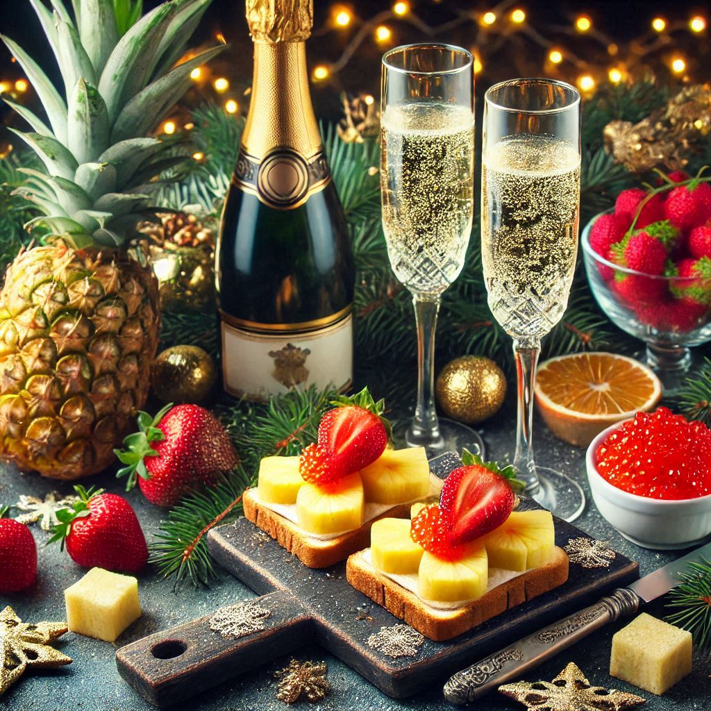 Festive celebration with sparkling drinks and fruits Festive celebration with sparkling drinks and fruits