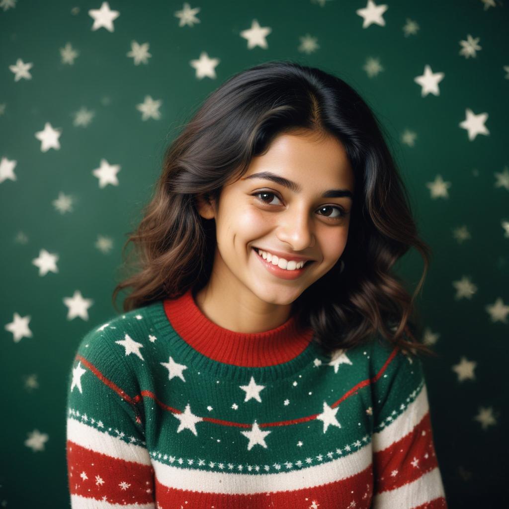 Smiling woman in festive sweater with star pattern Smiling woman in festive sweater with star pattern