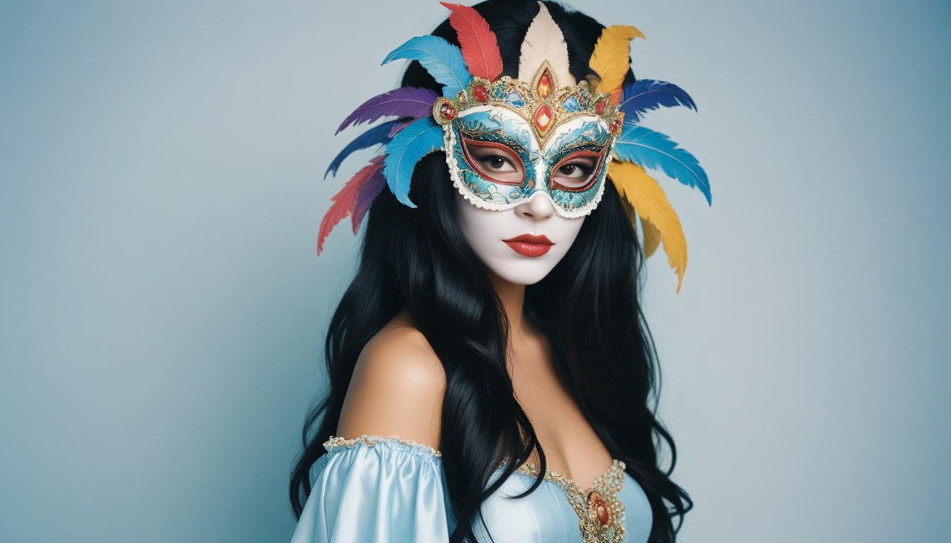 Woman in elaborate feather mask poses gracefully for camera Woman in elaborate feather mask poses gracefully for camera