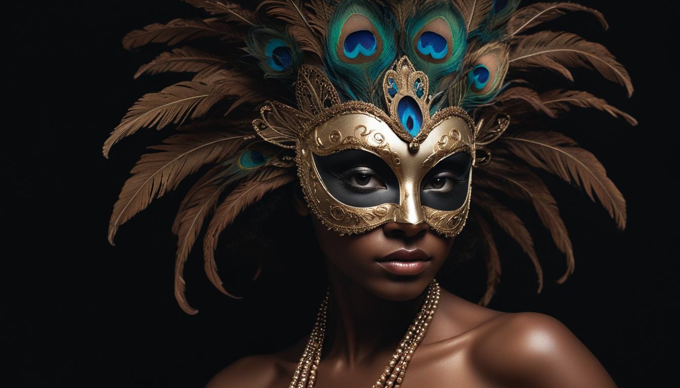 Elegant woman in vibrant mask with peacock feathers Elegant woman in vibrant mask with peacock feathers