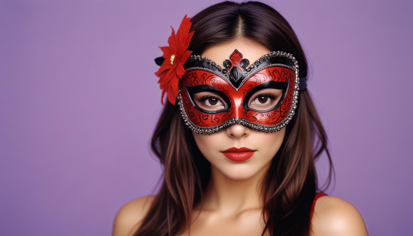 Woman wearing a decorative red mask for a celebration