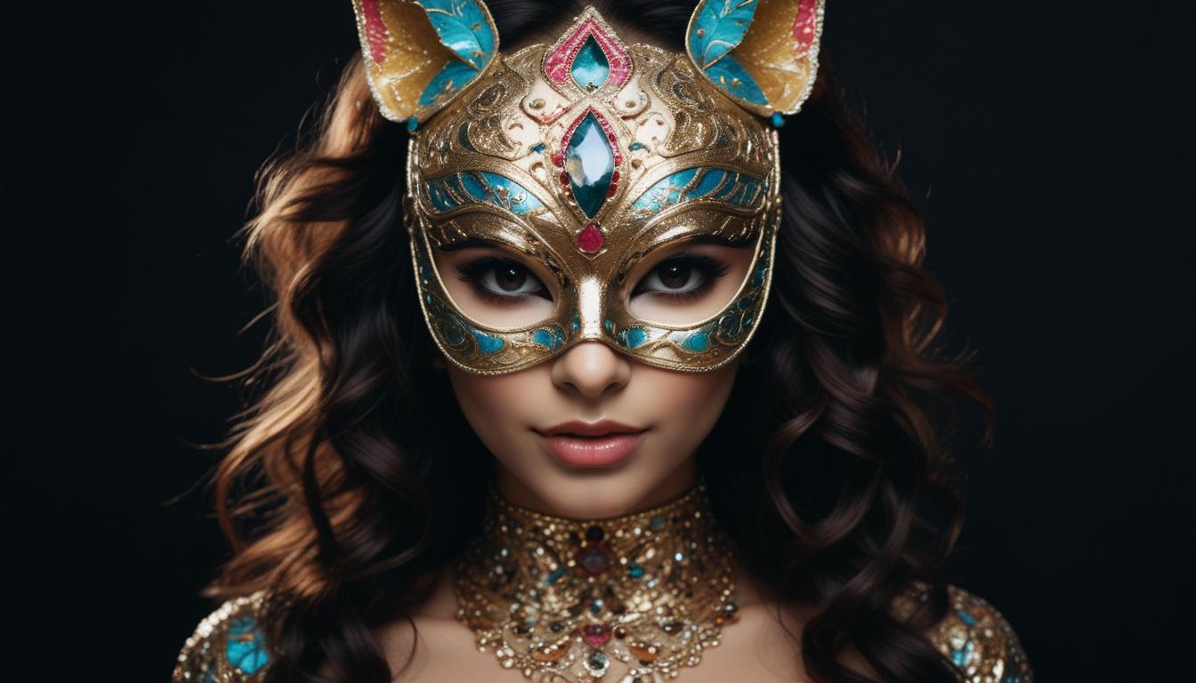 Elegant masked figure in ornate attire with rich details Elegant masked figure in ornate attire with rich details