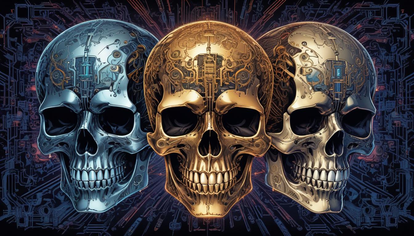Three intricately designed skulls in a surreal setting Three intricately designed skulls in a surreal setting