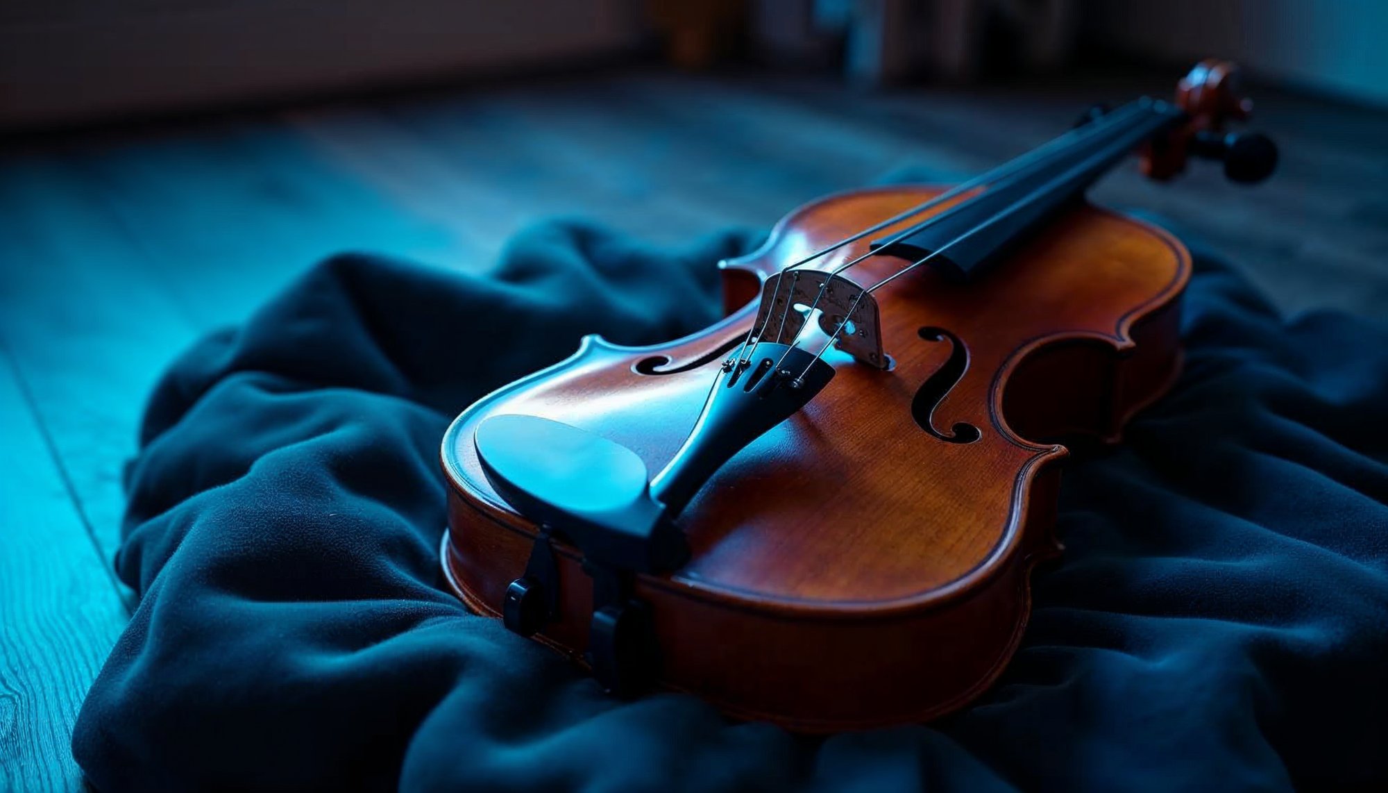 Beautifully crafted wooden violin on dark fabric Beautifully crafted wooden violin on dark fabric
