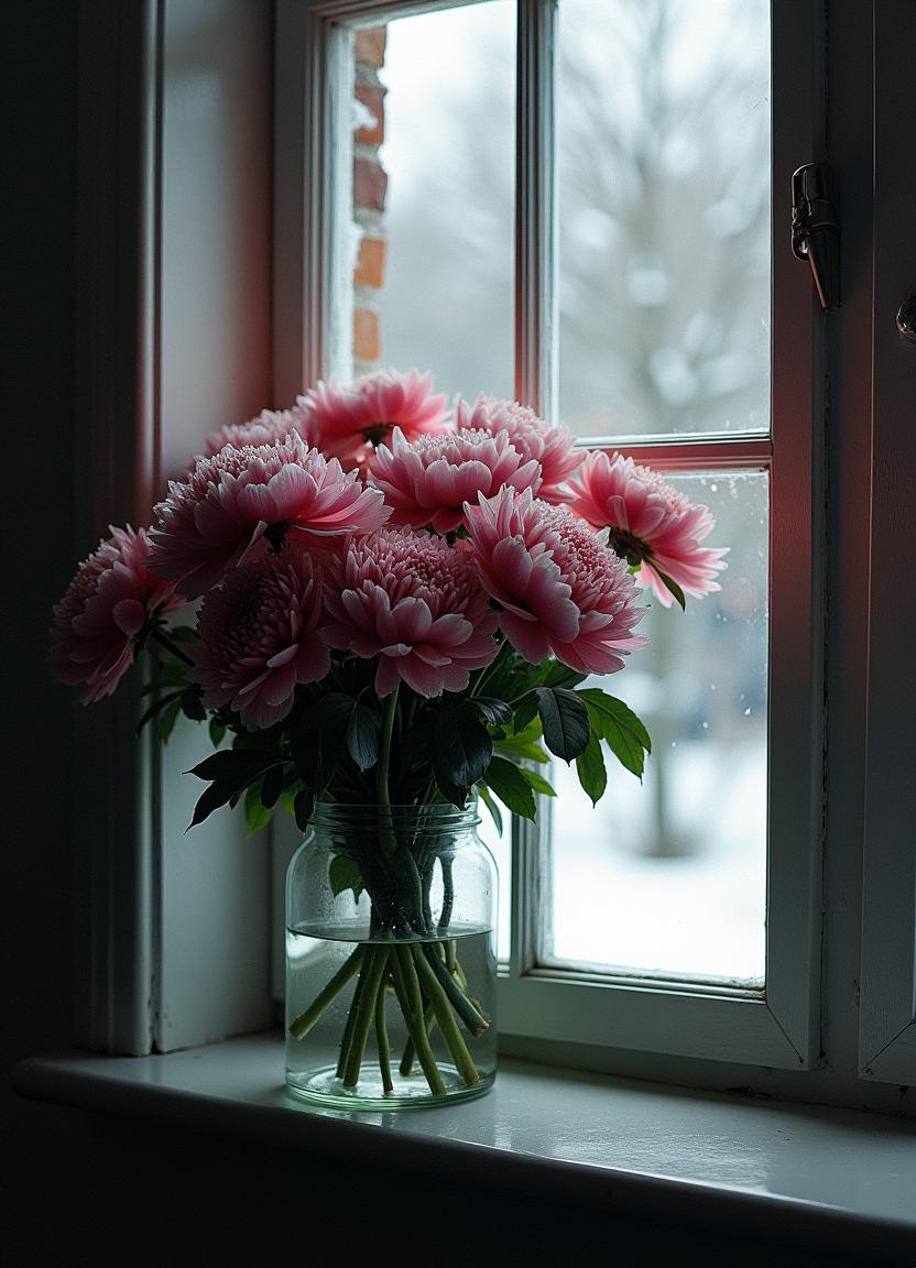 Flowers on a windowsill during a snowy winter day Flowers on a windowsill during a snowy winter day