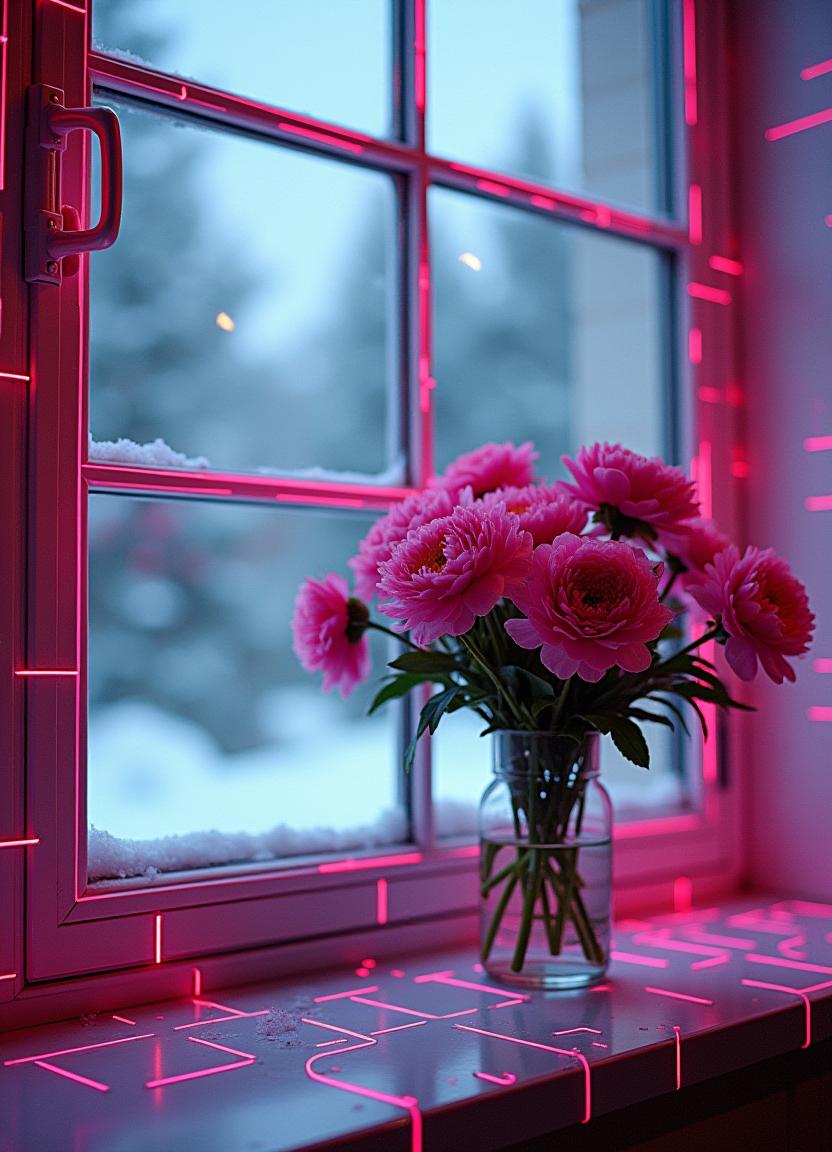 Bright pink flowers in a winter window setting Bright pink flowers in a winter window setting