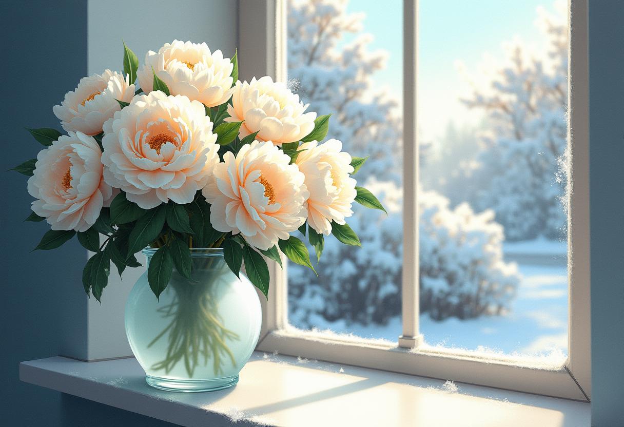 Winter morning with peonies by the window Winter morning with peonies by the window