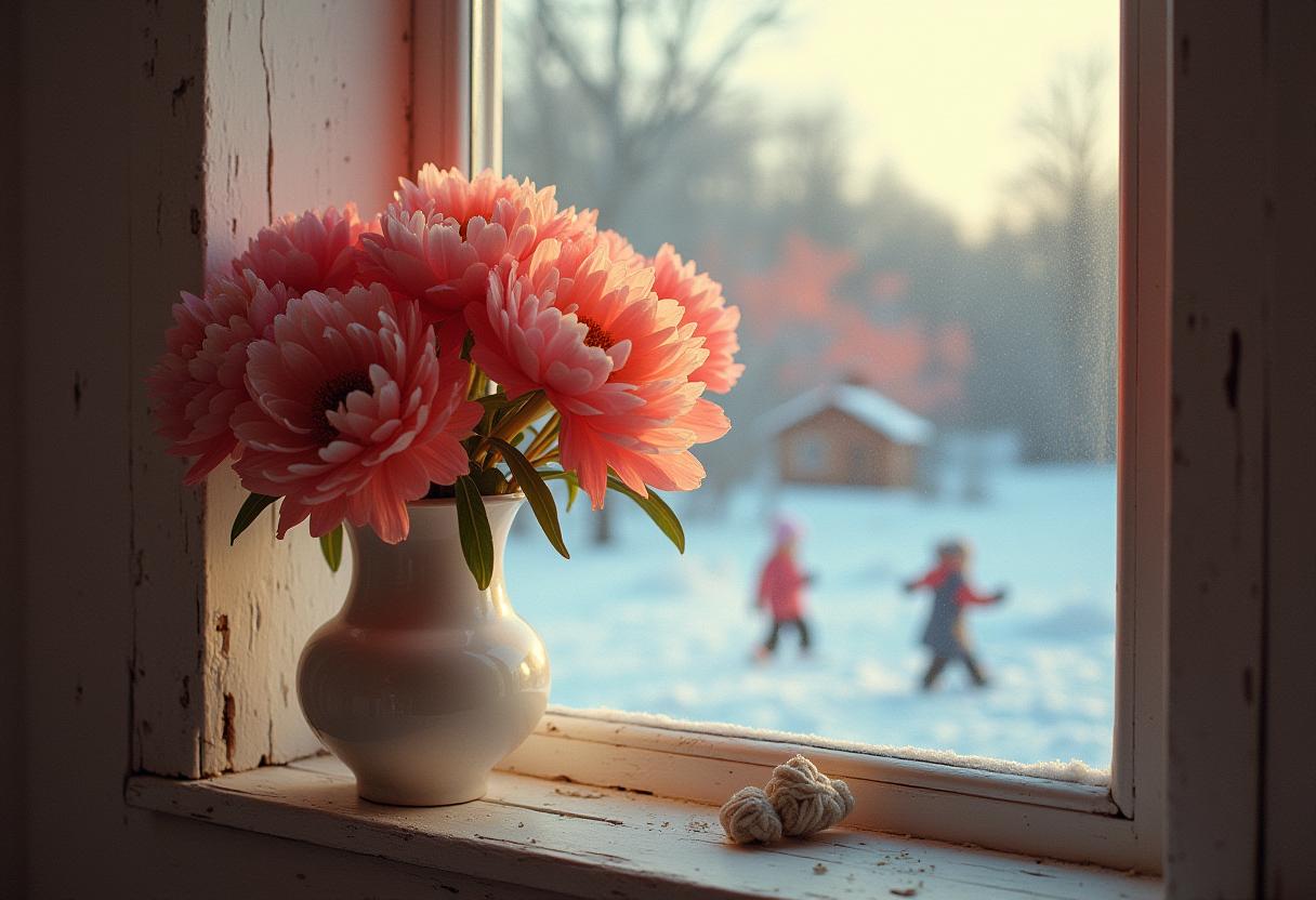 Winter afternoon with flowers and children playing outside Winter afternoon with flowers and children playing outside