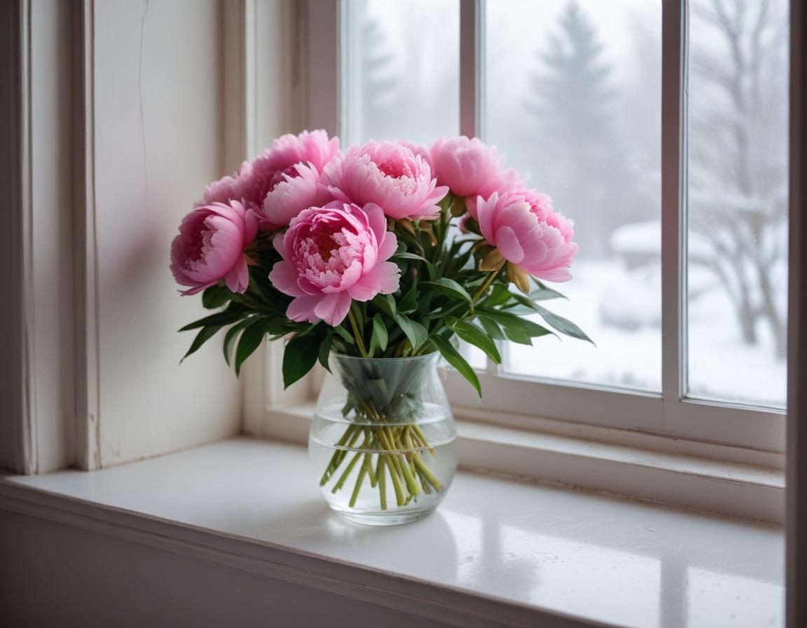 Beautiful pink peonies in a vase by a winter window Beautiful pink peonies in a vase by a winter window