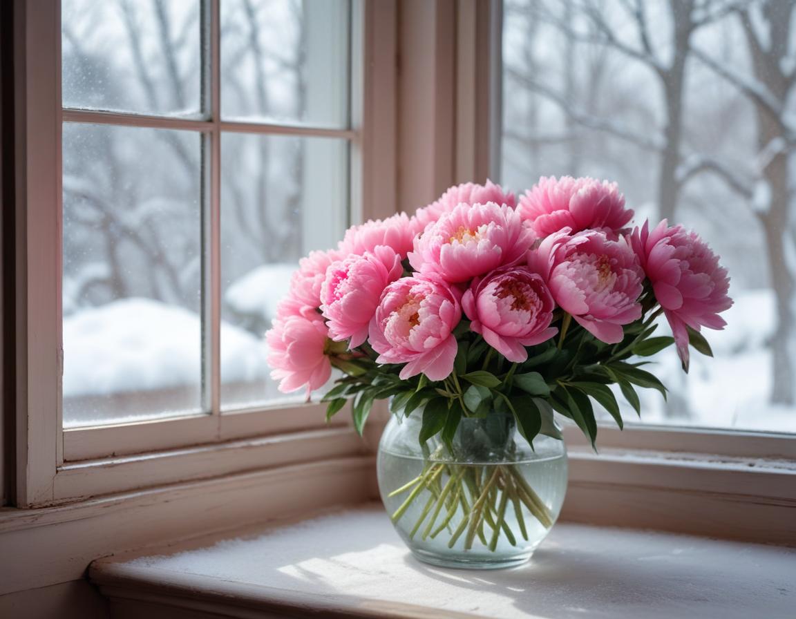 Beautiful pink peonies in a winter window setting Beautiful pink peonies in a winter window setting