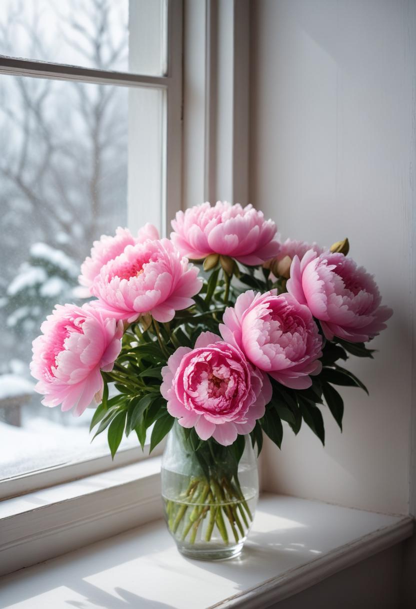 Beautiful pink peonies in a sunny winter window Beautiful pink peonies in a sunny winter window