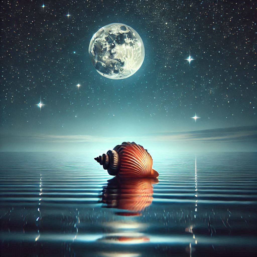 Serene shell reflects moonlight on tranquil water Serene shell reflects moonlight on tranquil water