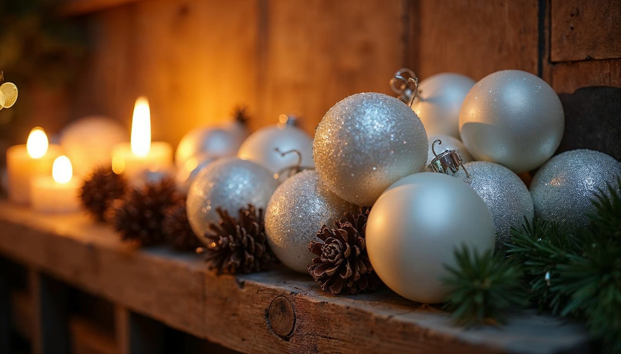 Festive decorations with candles and ornaments at night Festive decorations with candles and ornaments at night