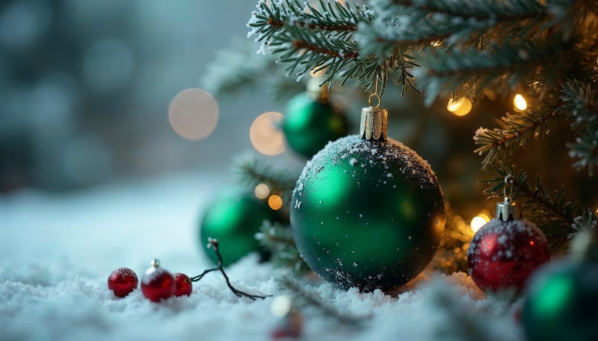 Festive holiday decorations with snow and lights Festive holiday decorations with snow and lights