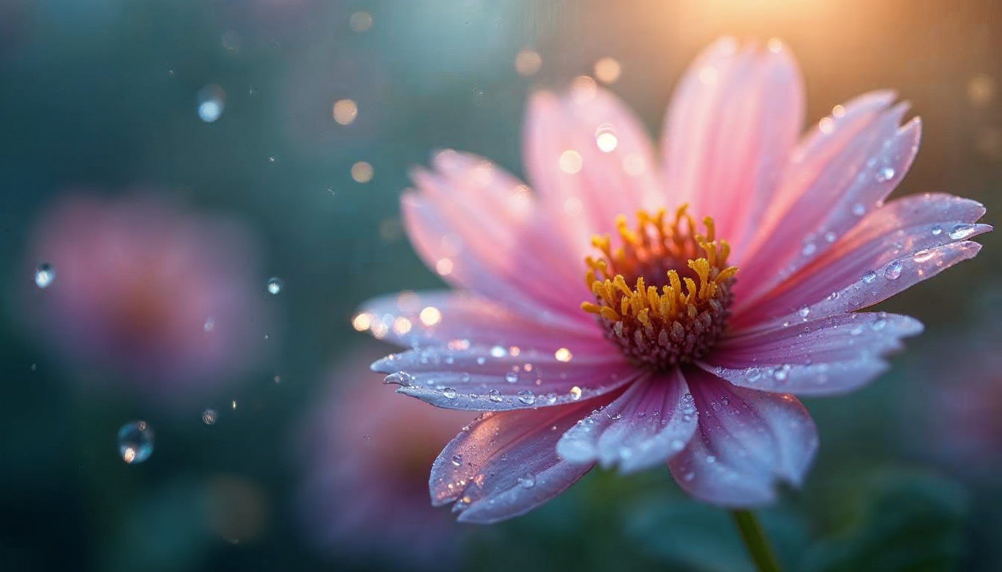 Beautiful pink flower with droplets at sunrise Beautiful pink flower with droplets at sunrise