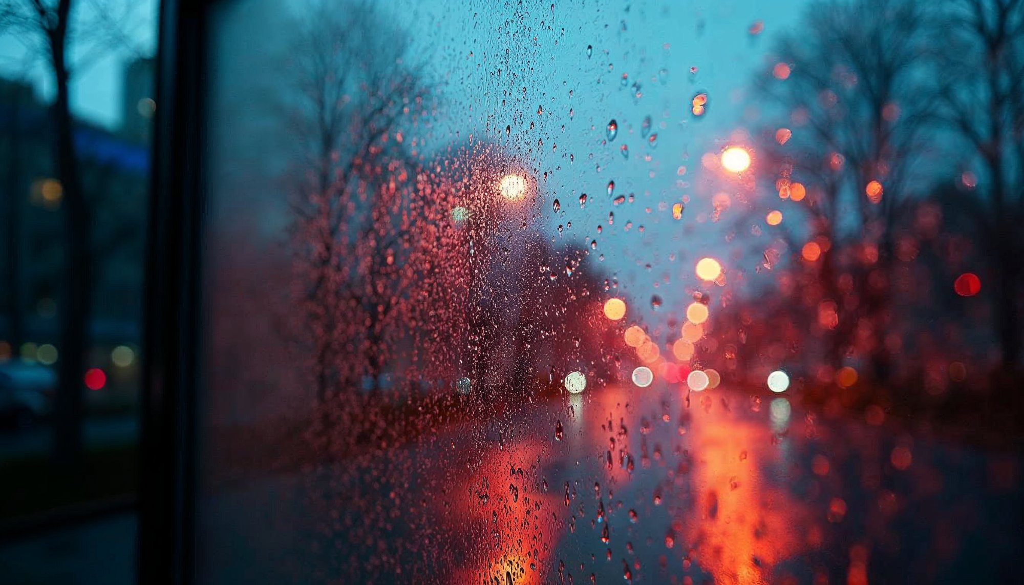 Raindrops on window as city lights glow in dusk Raindrops on window as city lights glow in dusk