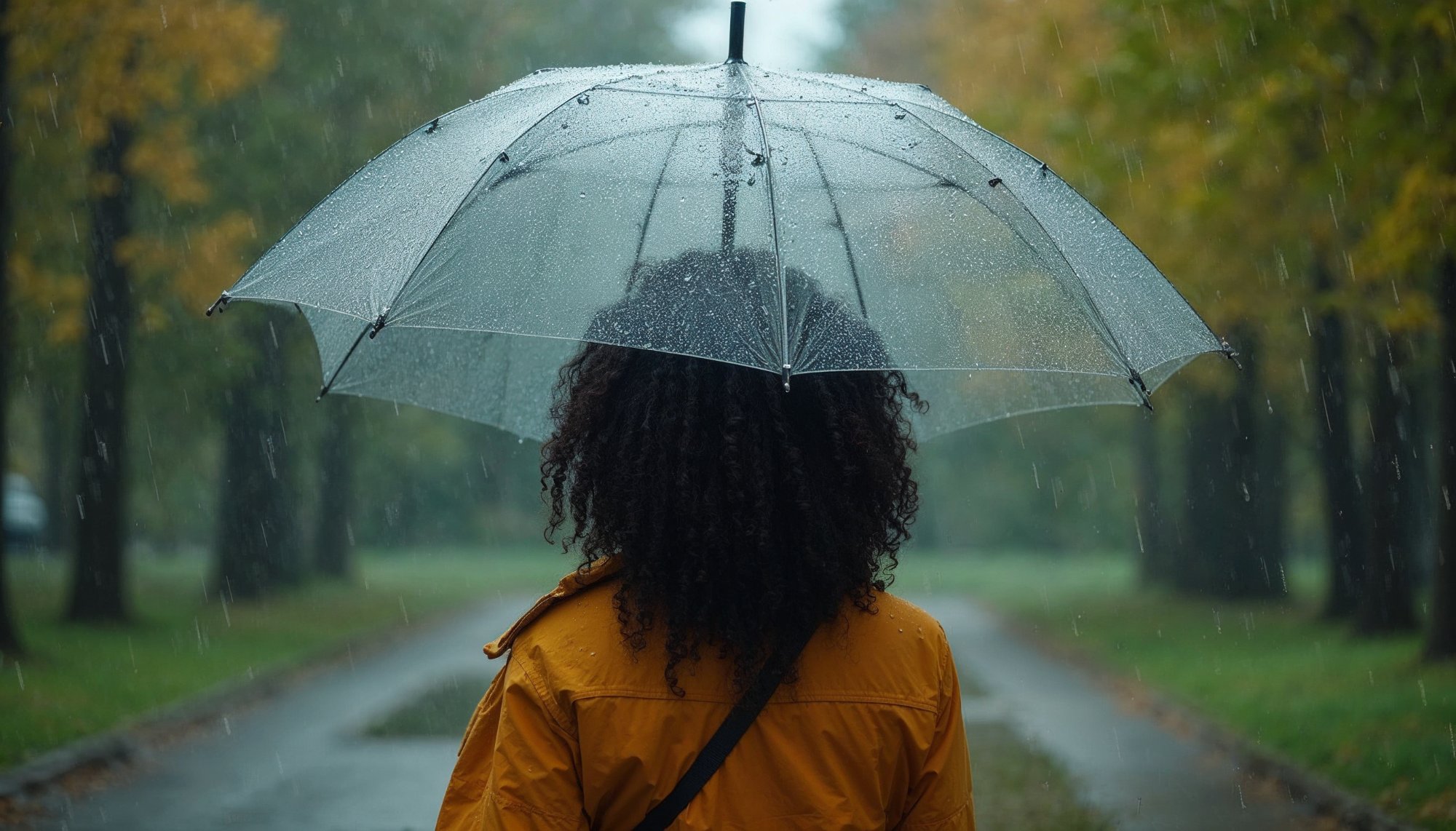 Walking in the rain with an umbrella in a park Walking in the rain with an umbrella in a park