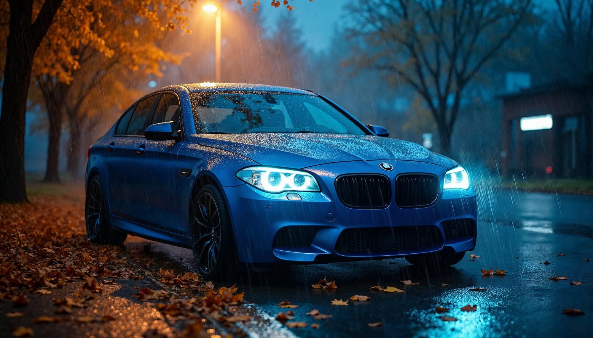 Luxury car parked under streetlight in rainy evening Luxury car parked under streetlight in rainy evening