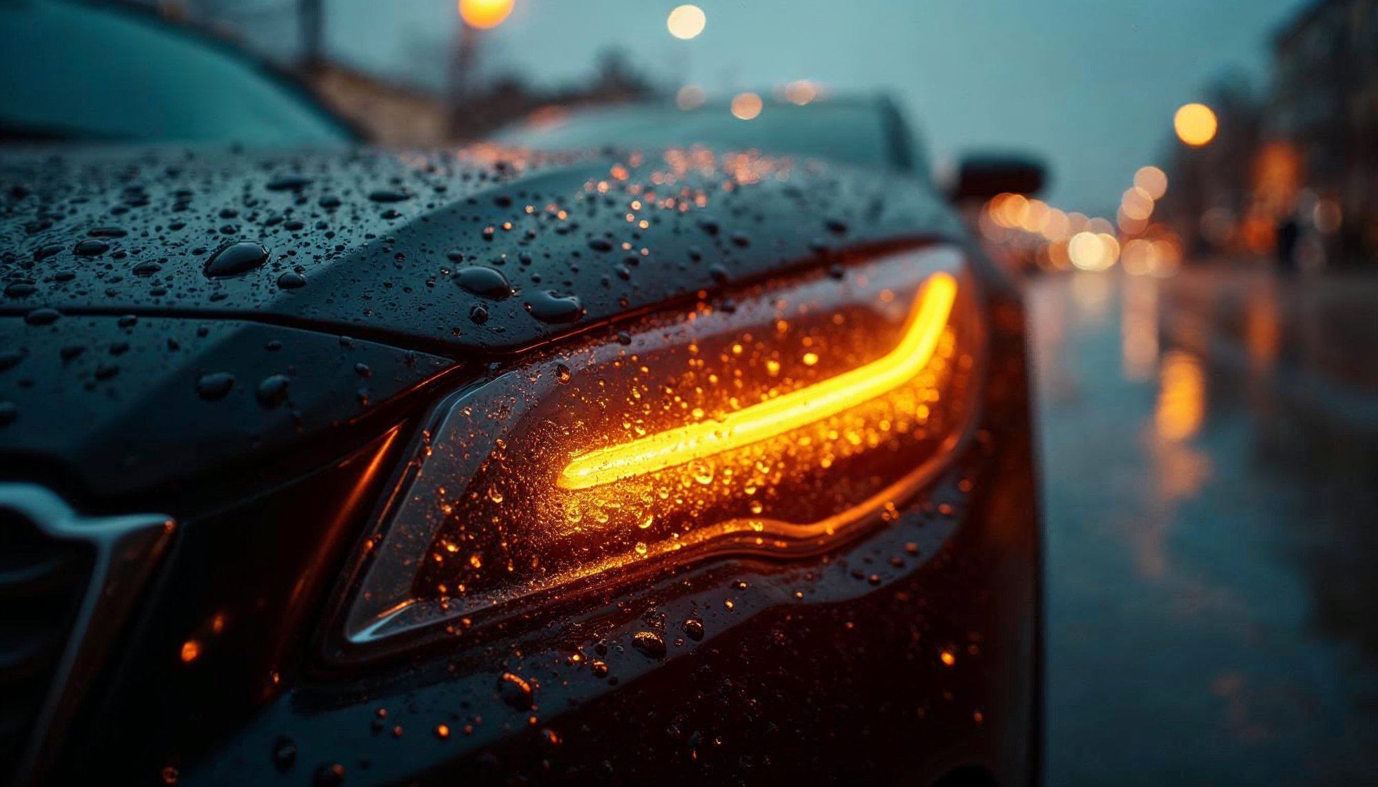 Close-up of a car headlight in the rain during twilight Close-up of a car headlight in the rain during twilight