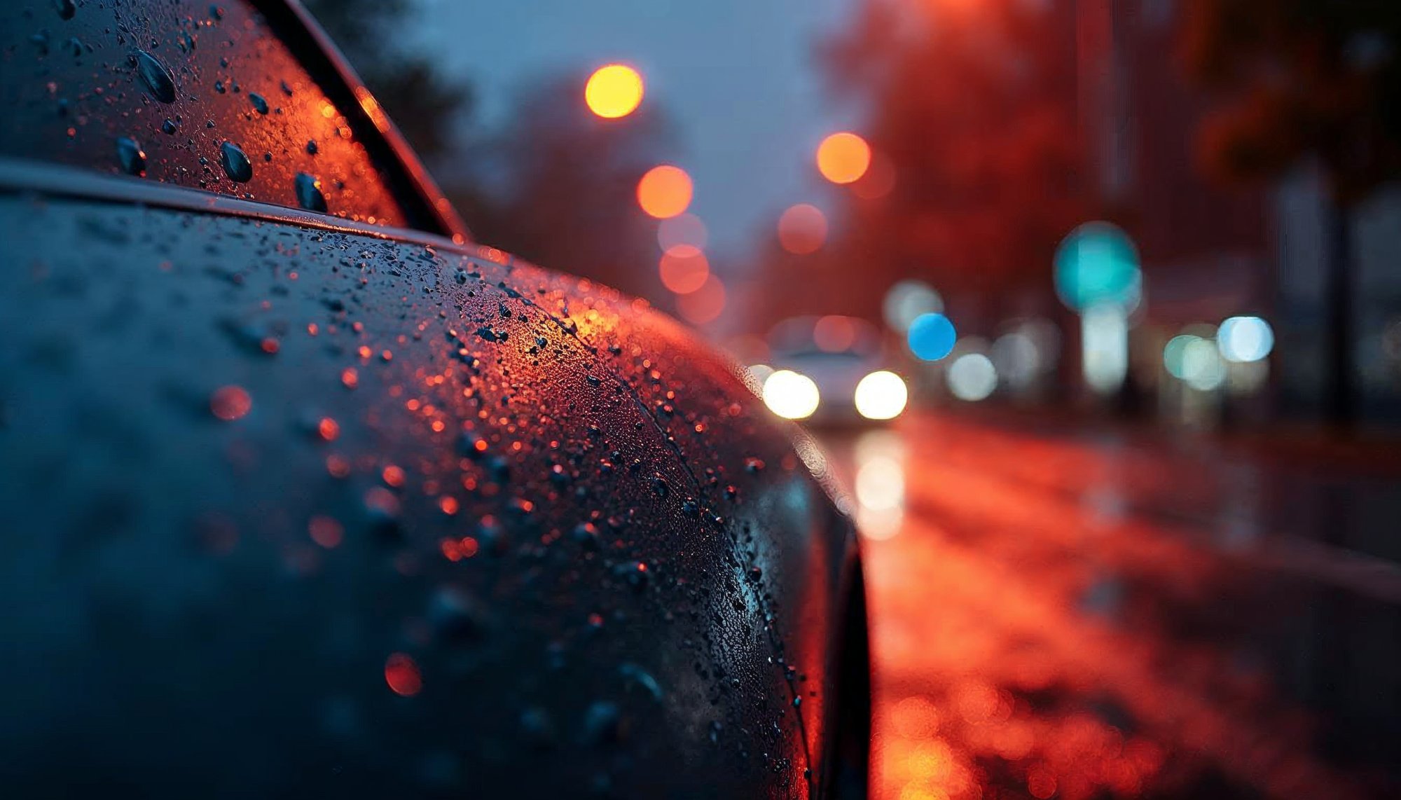 Rainy evening with city lights reflecting on wet asphalt Rainy evening with city lights reflecting on wet asphalt