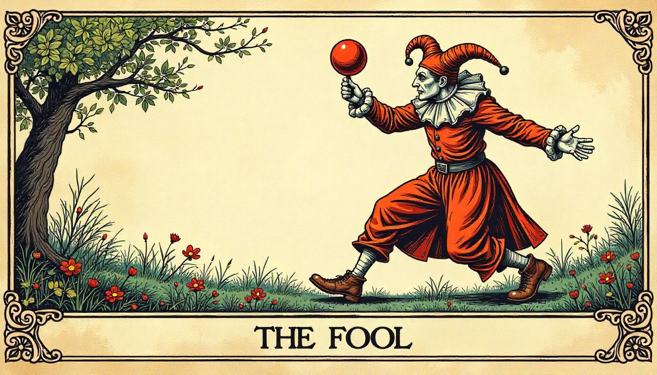 Foolish jester walking through a flower-filled meadow Foolish jester walking through a flower-filled meadow