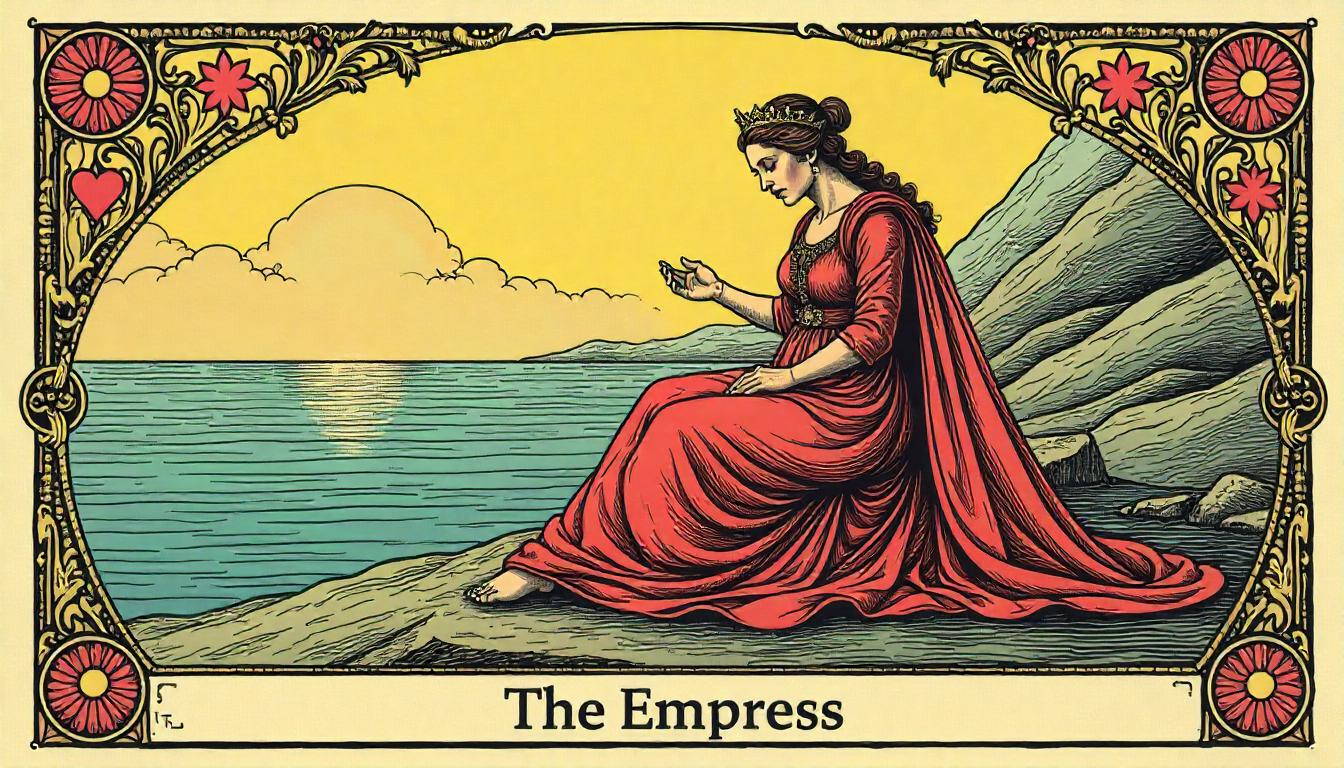 Empress seated by the tranquil sea at sunset Empress seated by the tranquil sea at sunset