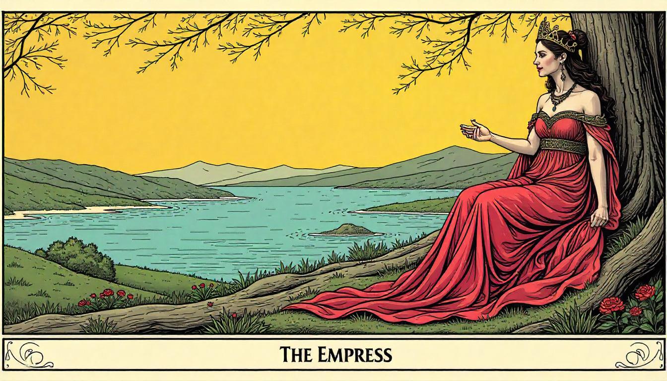 Empress seated by the serene lakeside under a tree Empress seated by the serene lakeside under a tree