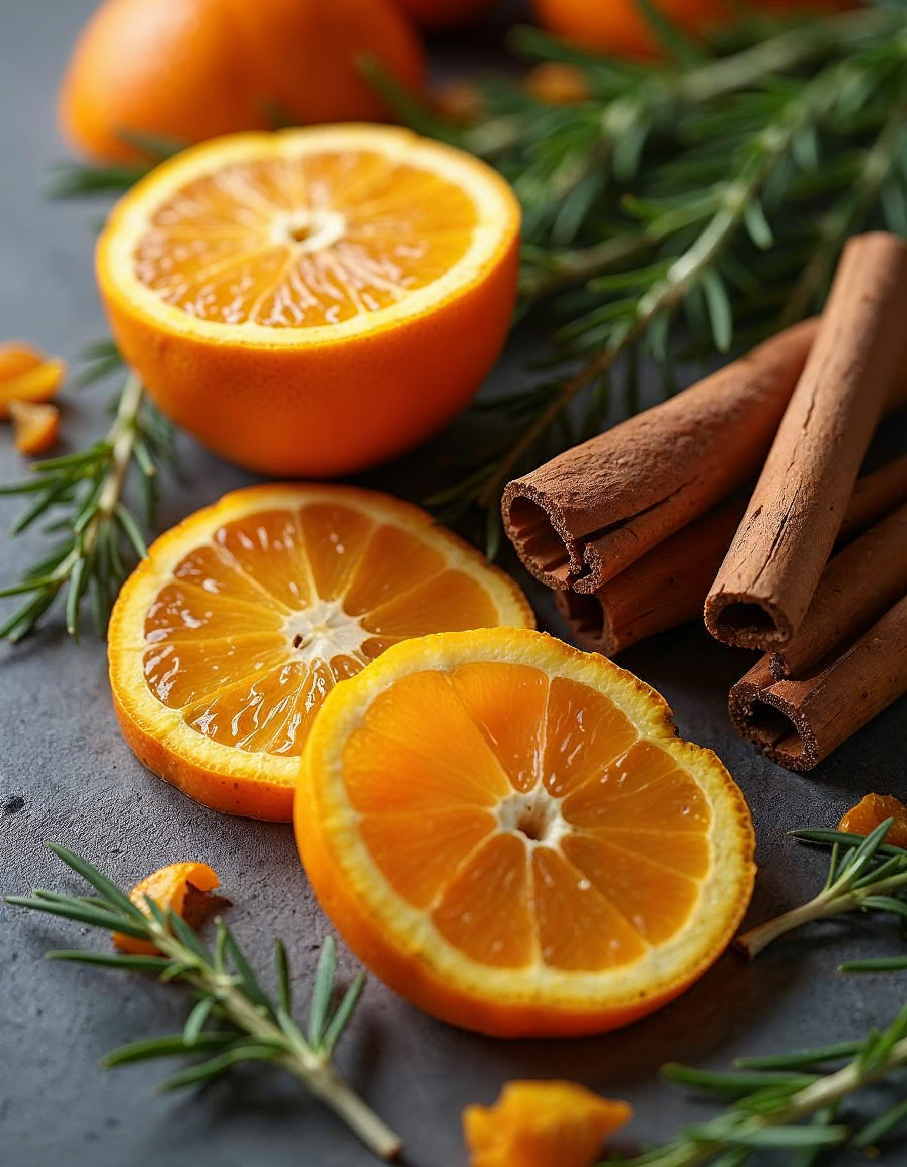 Fresh citrus slices with rosemary and cinnamon sticks Fresh citrus slices with rosemary and cinnamon sticks