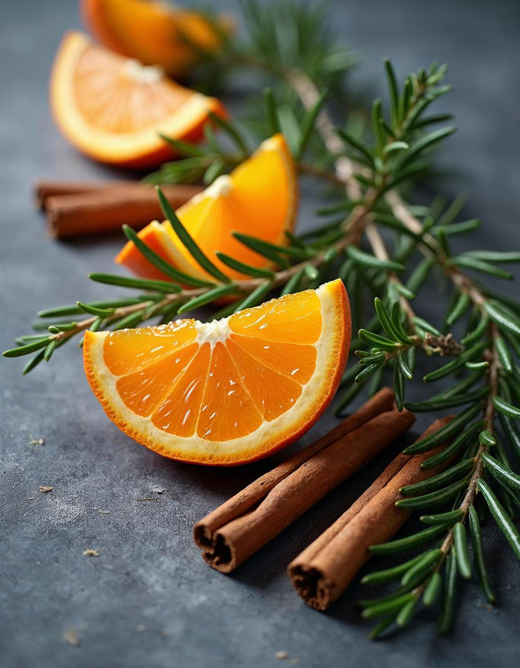 Bright orange slices with cinnamon and rosemary herbs Bright orange slices with cinnamon and rosemary herbs