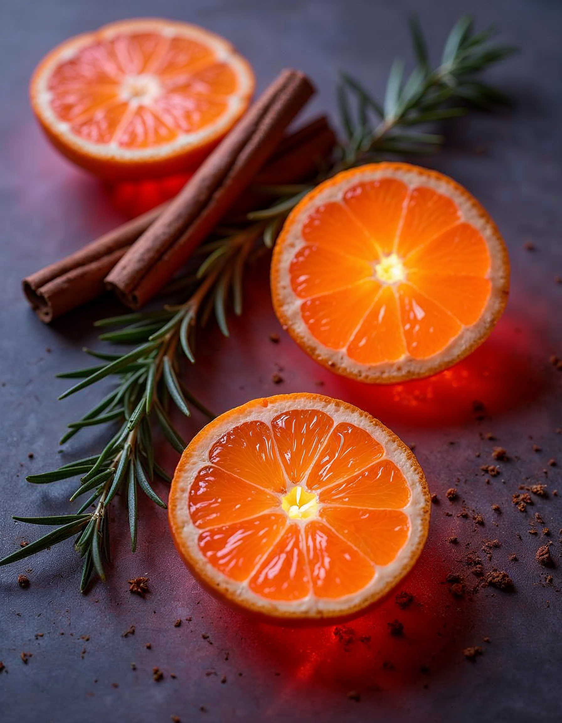 Sliced oranges with cinnamon and fresh rosemary on table Sliced oranges with cinnamon and fresh rosemary on table