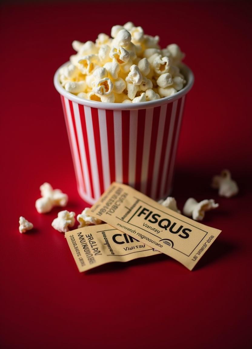 Delicious popcorn with tickets on a red background Delicious popcorn with tickets on a red background