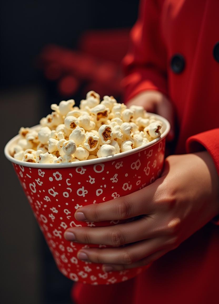 Enjoying popcorn at a movie theater during a screening Enjoying popcorn at a movie theater during a screening