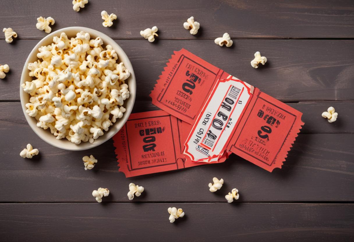 Enjoying cinema snacks with popcorn and tickets Enjoying cinema snacks with popcorn and tickets
