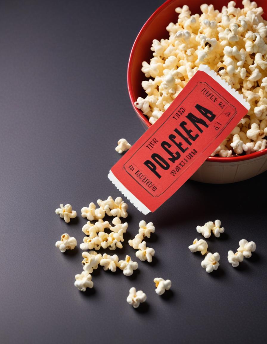 Bowl of popcorn with ticket on a dark background Bowl of popcorn with ticket on a dark background
